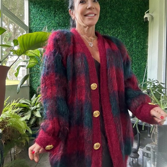 ANN ARUNDELL Tartan Slouchy Mohair Long SCOTLAND Cardigan Outwear Coat House of